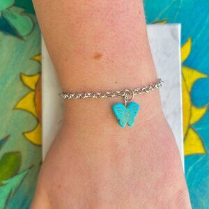 Turquoise Blue Butterfly Charm Silver Chain Bracelet
